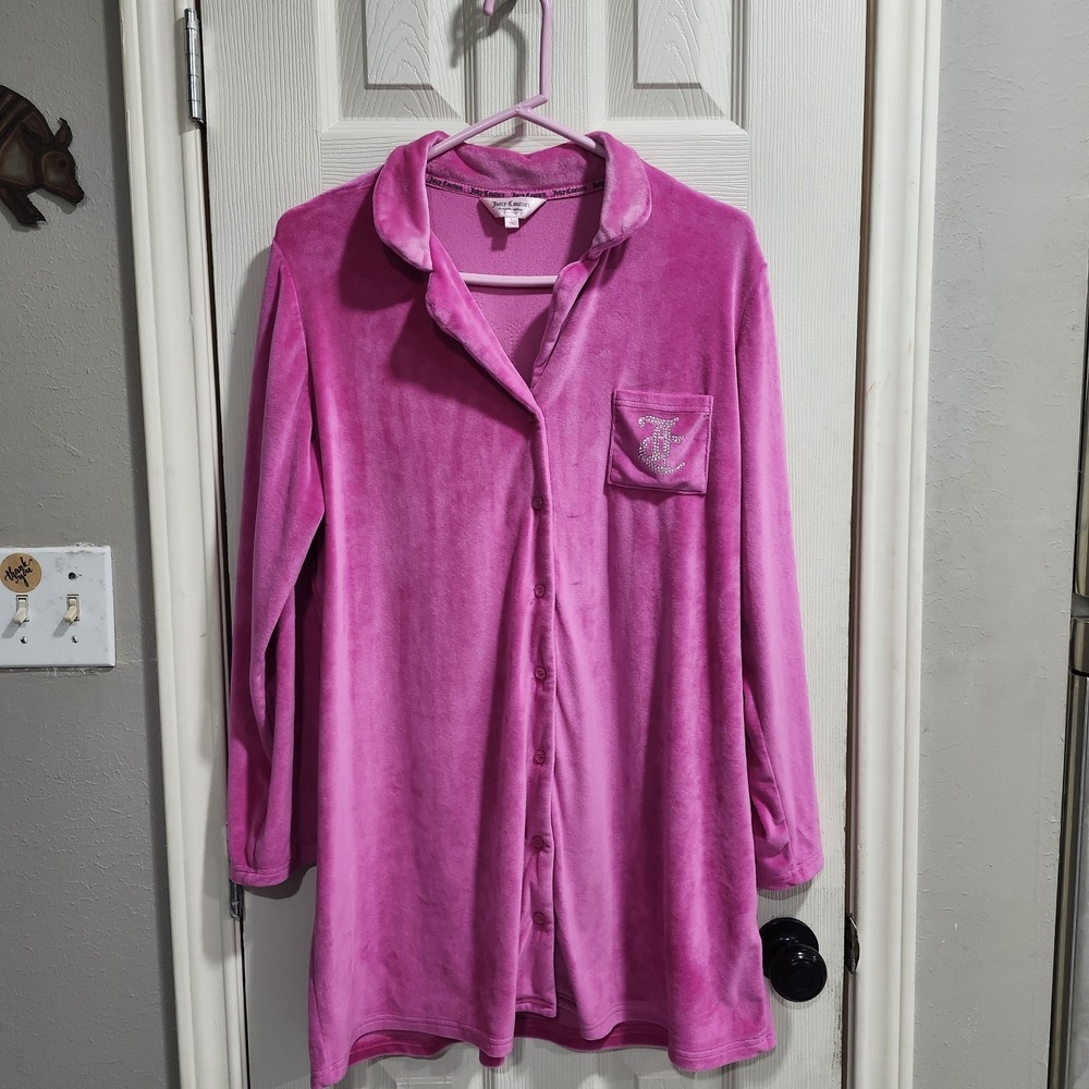 Juicy‎ Couture Velour Nightshirt Chemise Pink Button Down Sz L Sleep Shirt Bling